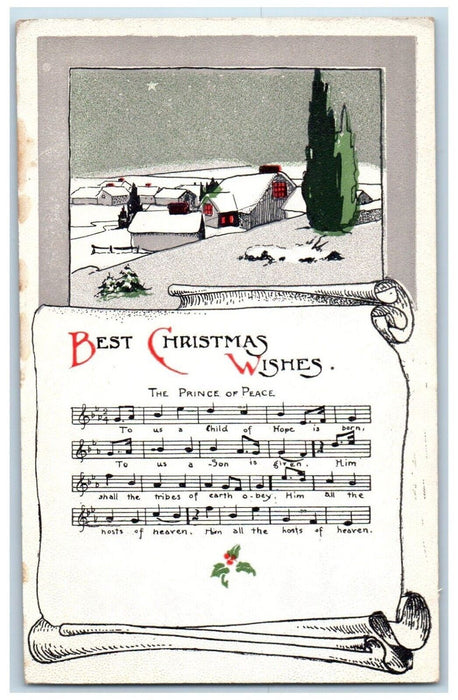 c1910's Christmas Wishes The Prince Of Peace Music Holly Berry Houses Postcard