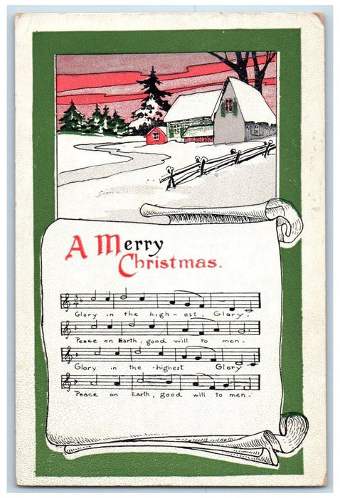 c1910's Merry Christmas Music House Pine Tree Winter Unposted Antique Postcard