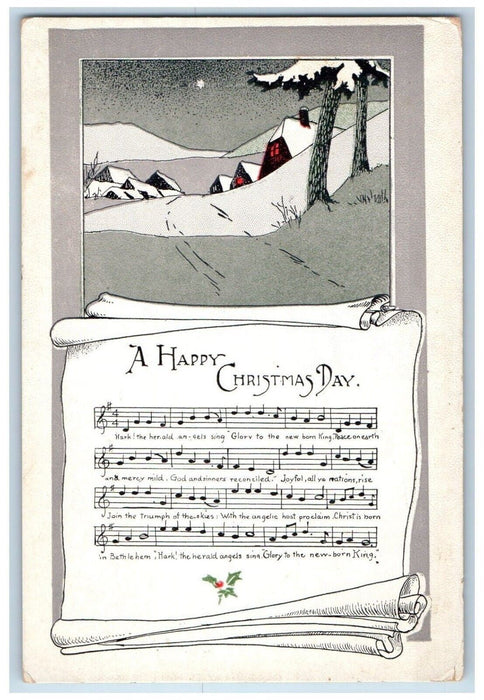 c1910's A Happy Christmas Music Holly Berries Pine Tree Houses Antique Postcard