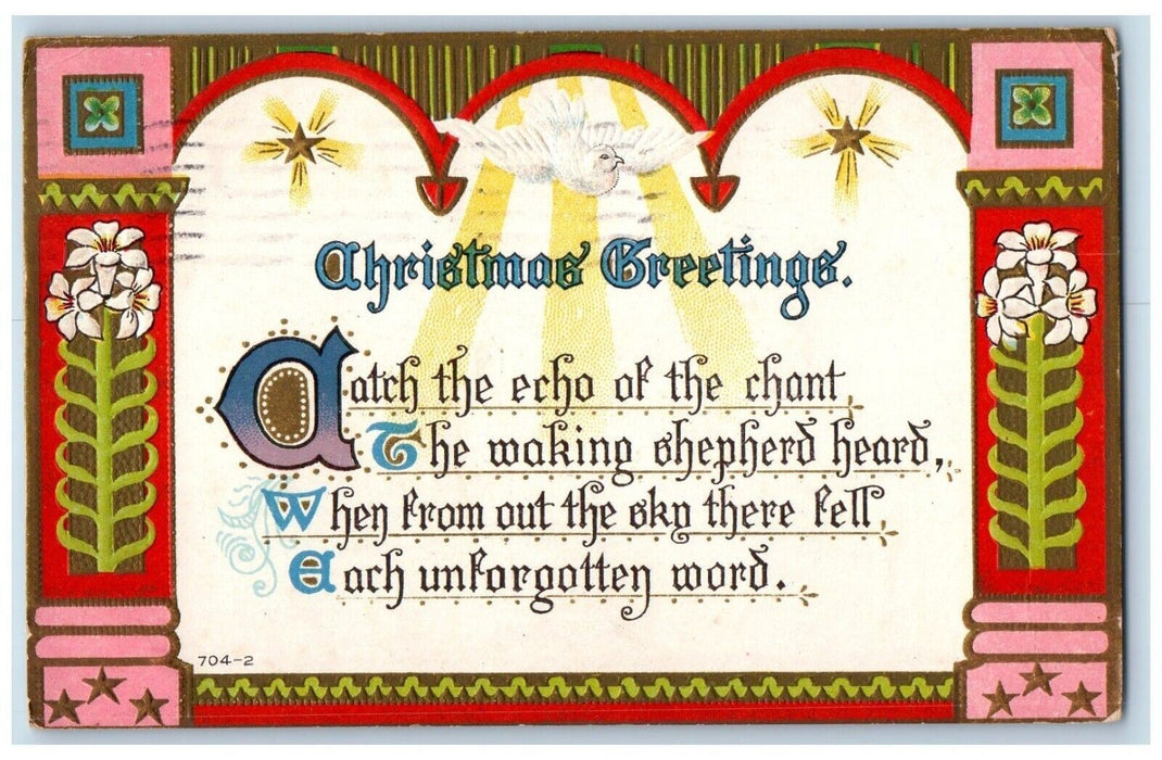 1911 Christmas Greetings Lilies Flowers Dove Arts Crafts Embossed Postcard