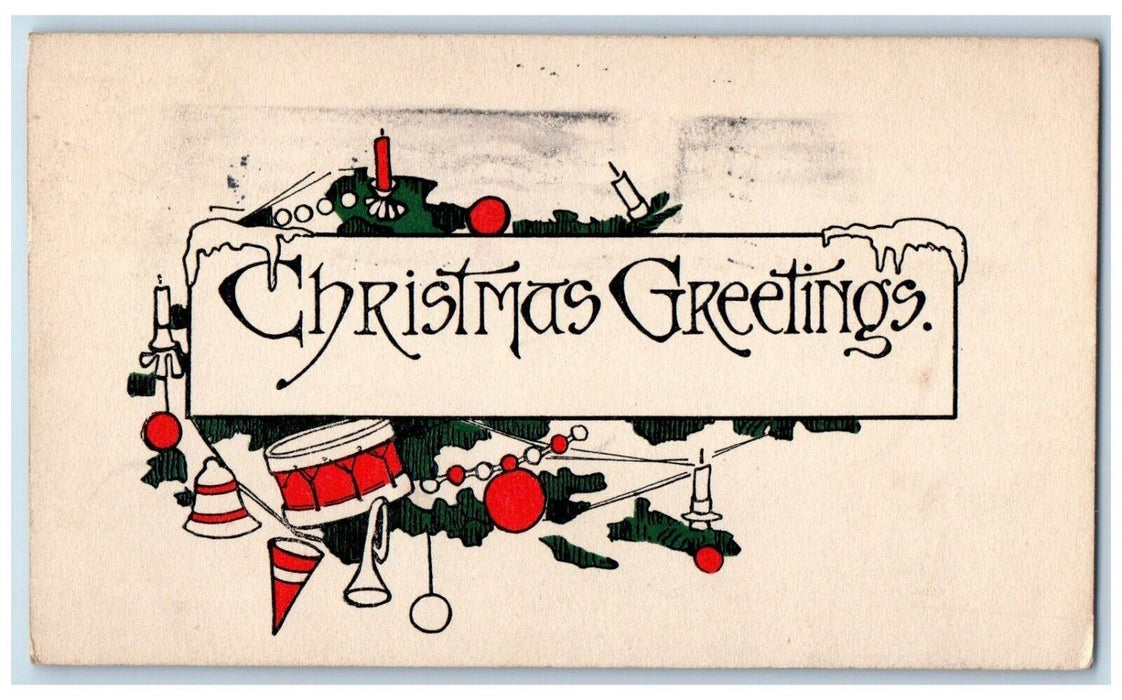 1913 Christmas Greetings Bells Candles Drum Decoration Minimalist Postcard