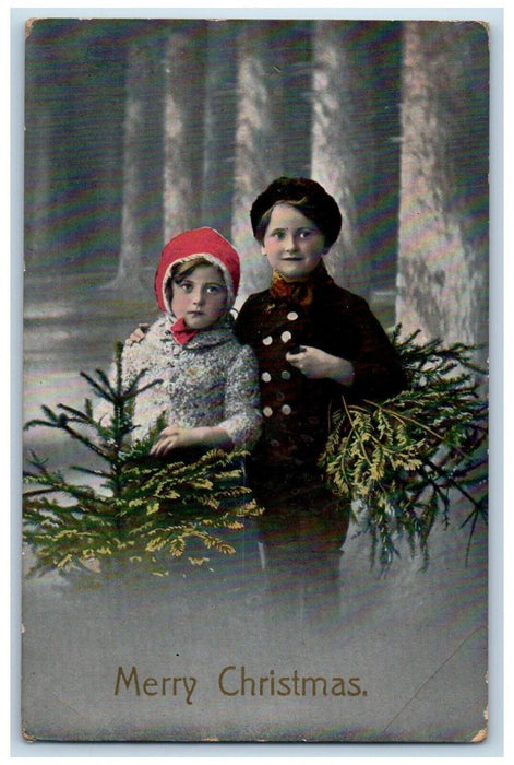 1913 Merry Christmas Children Holding Pine Tree Steubenville Ohio OH Postcard