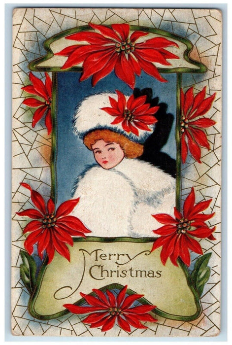 c1910's Merry Christmas Poinsettia Flowers Girl Winter Suit Embossed Postcard