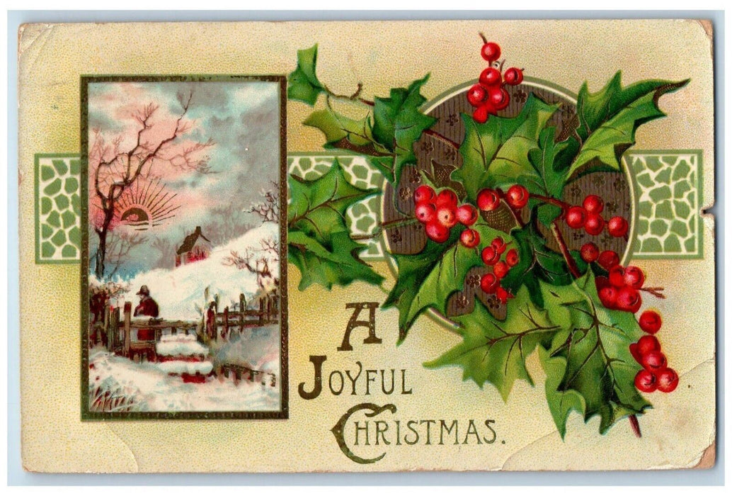 1910 Christmas Holly Berries Winter Trees Gel Gold Gilt Embossed Posted Postcard