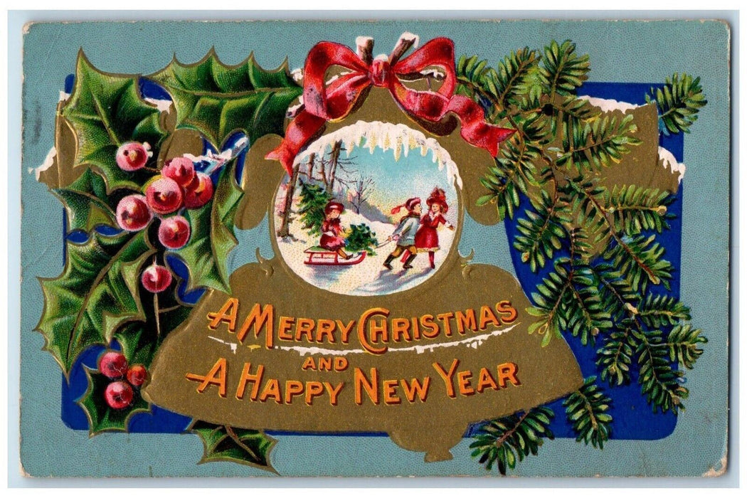 1908 Merry Christmas And Happy New Year Berries Pine Children Sleigh Postcard