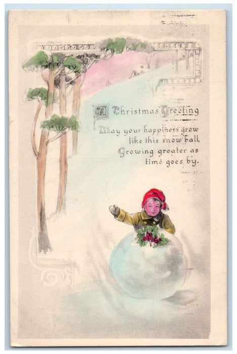 1915 Christmas Greetings Boy Snowball Berries Winter Hand Painted Postcard
