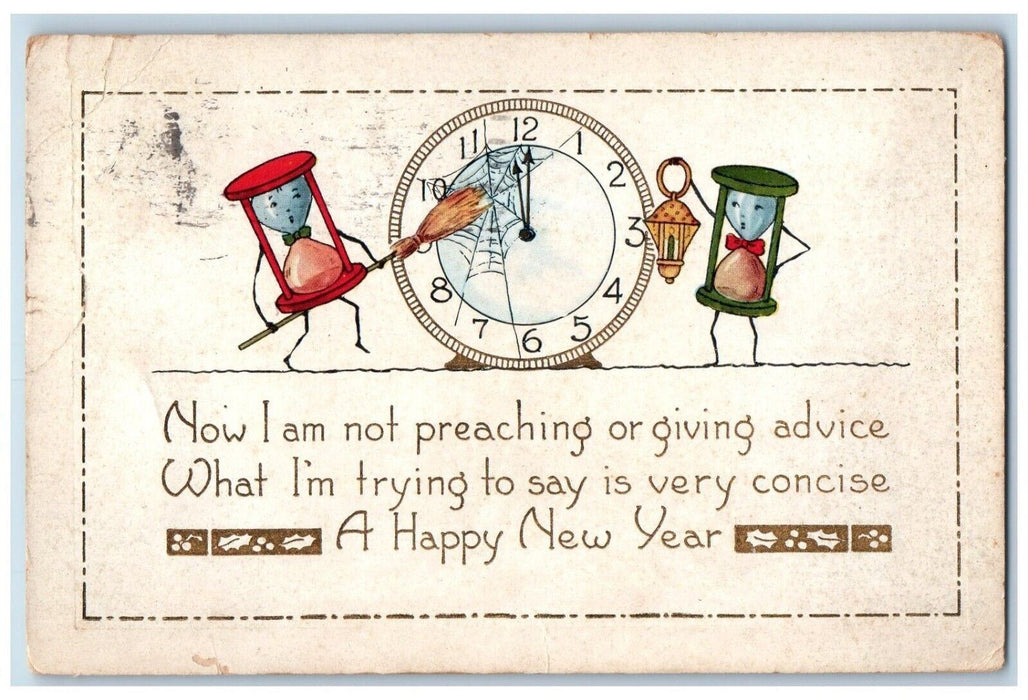 c1920's New Year Anthropomorphic Hourglass Clock Broom Lantern Vintage Postcard