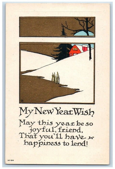 c1910's New Year Wish House Trees Arts Crafts Embossed Unposted Antique Postcard