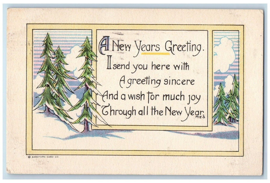 1917 New Year Greetings Pine Trees Winter Arts Crafts Sanford Antique Postcard