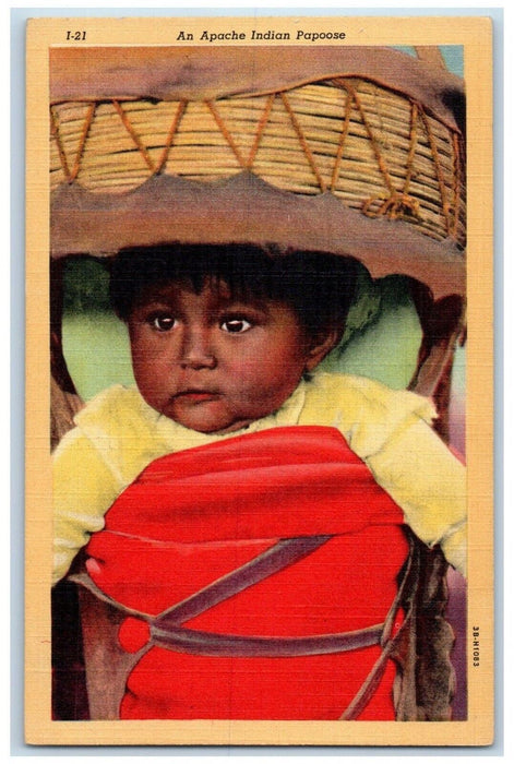 1951 Apache Indian Parpoose Child Basket Rock Falls Illinois IL Vintage Postcard
