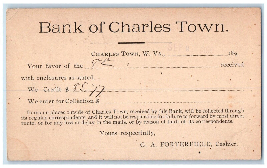 1899 Bank Charles Town Receipt West Virginia One Cent Vintage Antique Postcard