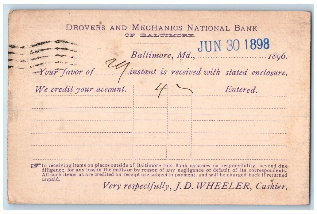 1898 Drovers Mechanics National Bank Receipt Savings Baltimore Maryland Postcard
