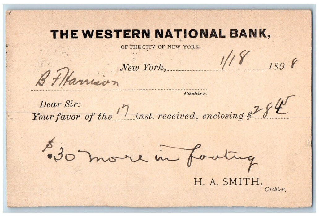 1898 Western National Bank Receipt Jefferson Savings New York One Cent Postcard