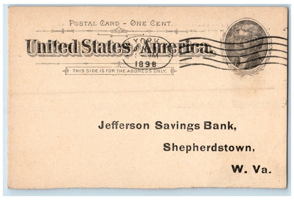1898 Western National Bank Receipt Jefferson Savings New York One Cent Postcard