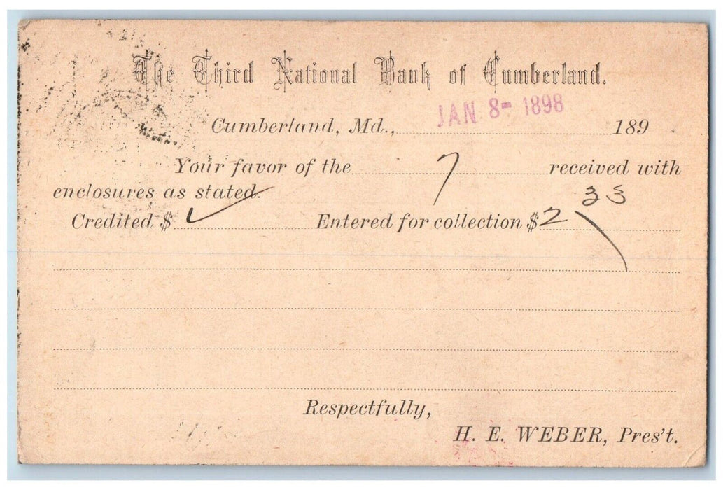 1898 Third National Bank Credit Receipt Cumberland Maryland MD One Cent Postcard