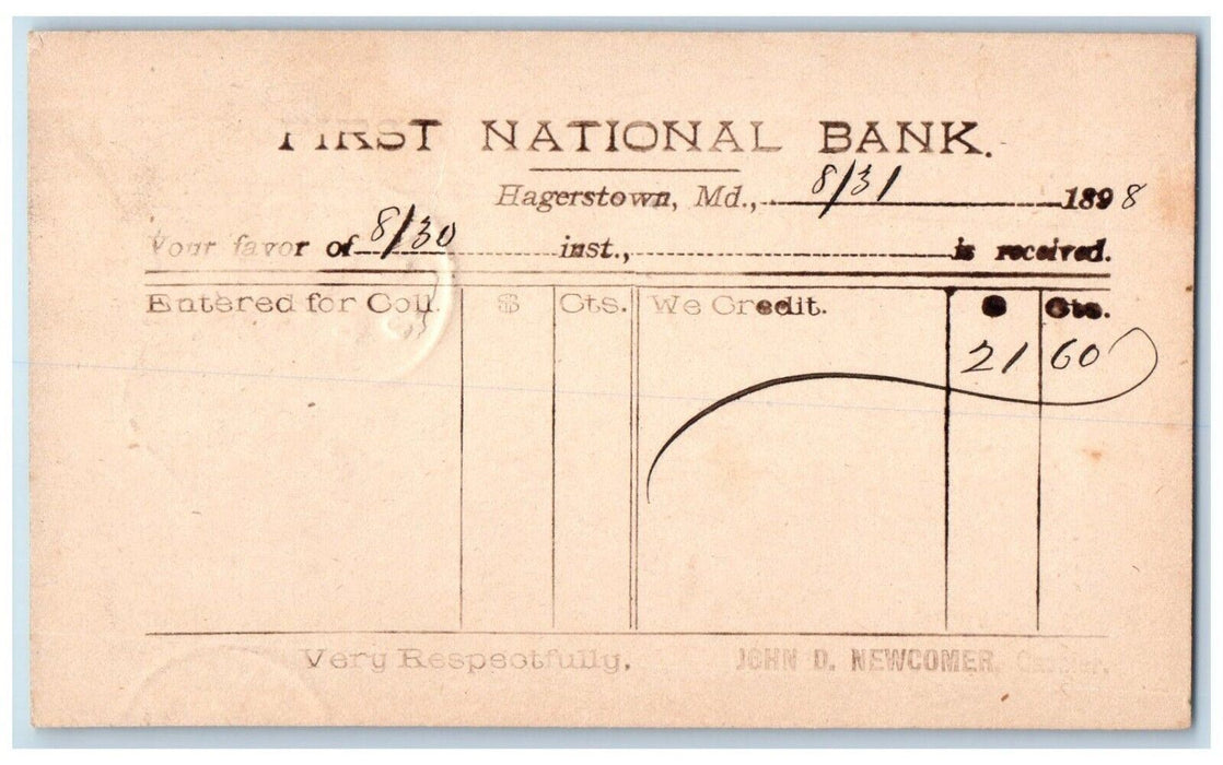 1898 First National Bank Credit Receipt Hagerstown Maryland MD One Cent Postcard