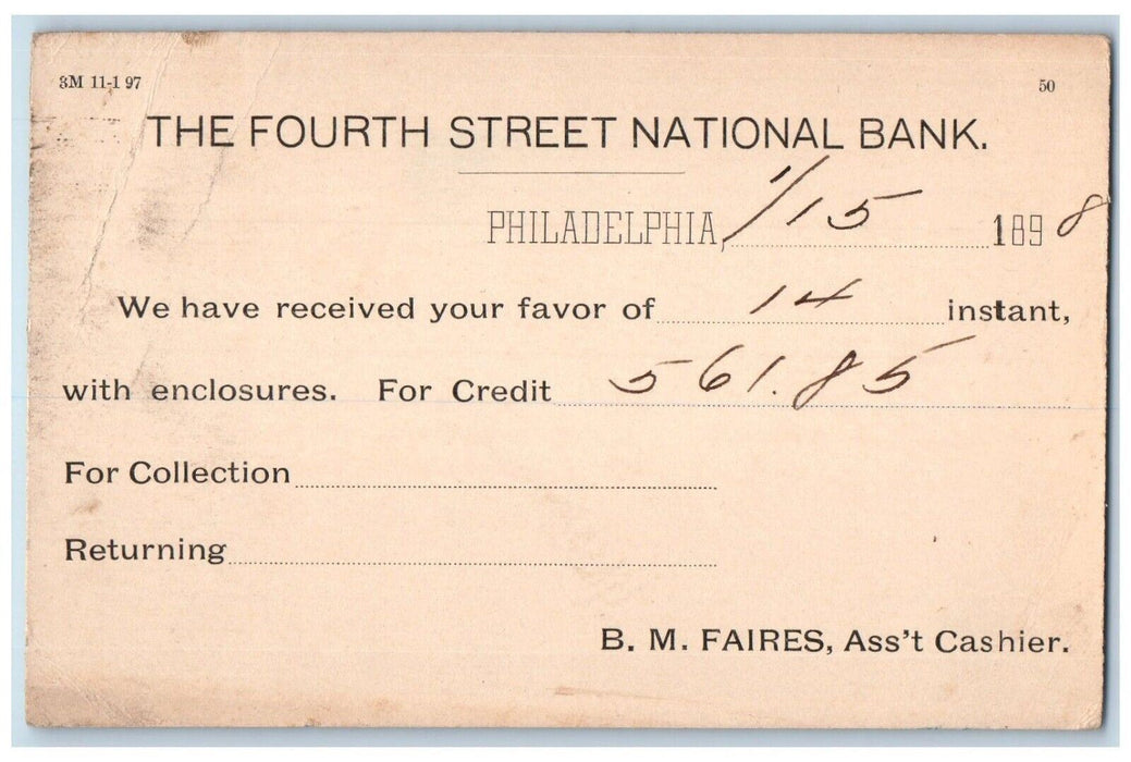 1898 Fourth Street National Bank Receipt Philadelphia Pennsylvania PA Postcard