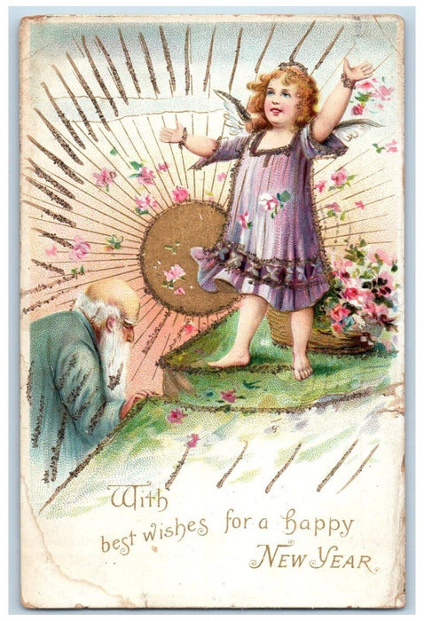 1906 New Year Old Man Praying Angel Flowers In Basket Atlantic City NJ Postcard