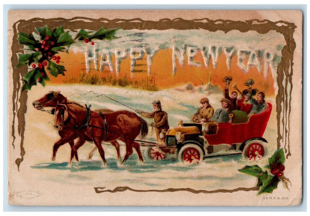 1909 Happy New Year Horses Pulling Car Berries Winter Embossed Antique Postcard
