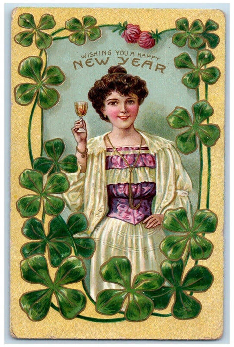 1909 Happy New Year Pretty Girl Champagne Shamrock Embossed Antique Postcard