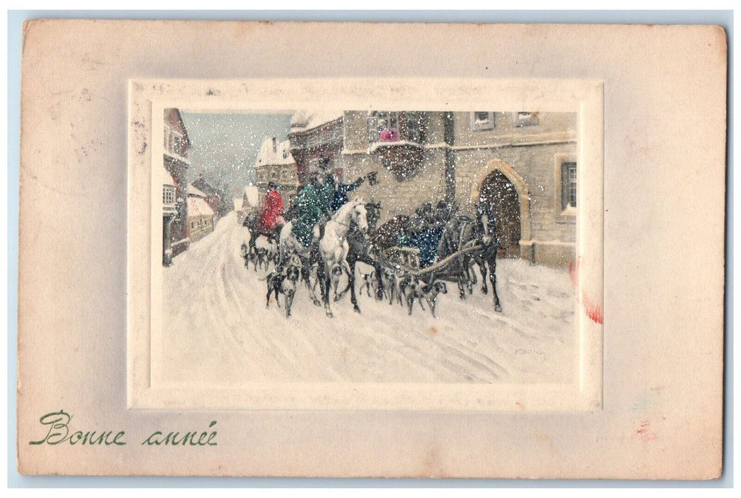 c1910's Hound Dogs Sleigh Winter Snowfall Embossed Posted Antique Postcard