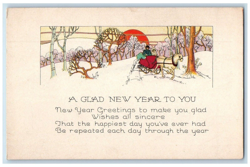 c1910's New Year Greetings Horse Sleigh Trees Moon Unposted Antique Postcard