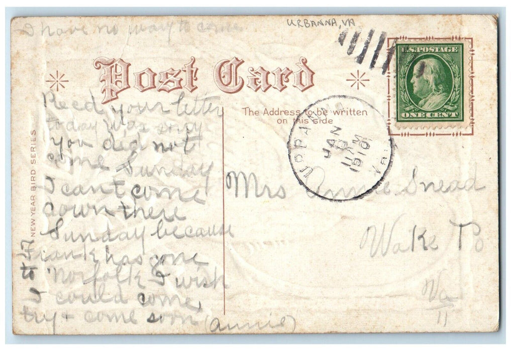 1910 Happy New Year Bird Winter Pine Tree Urbanna VA Embossed Antique Postcard