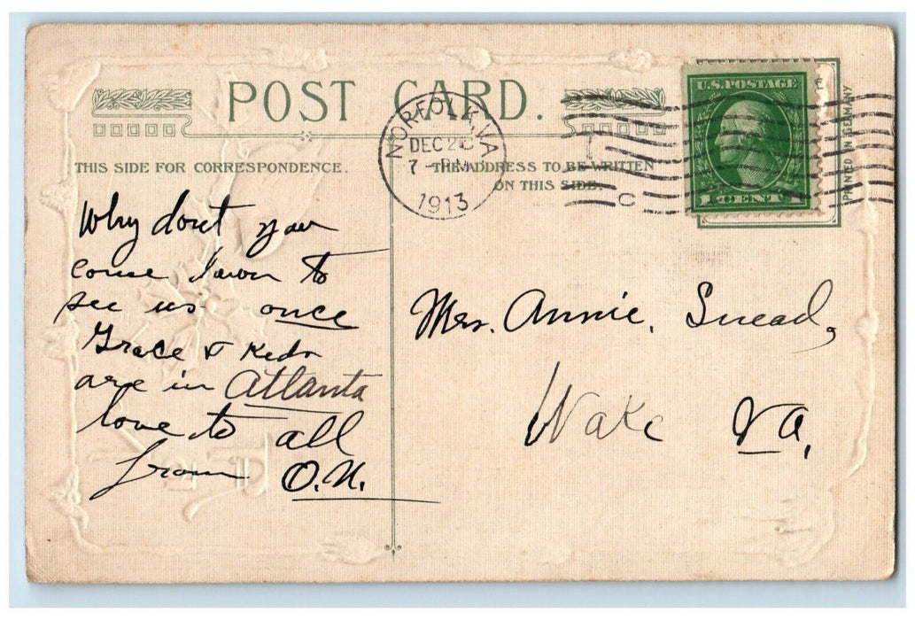 1913 New Year Holly Berries Bird John Winsch Artist Signed Embossed Postcard