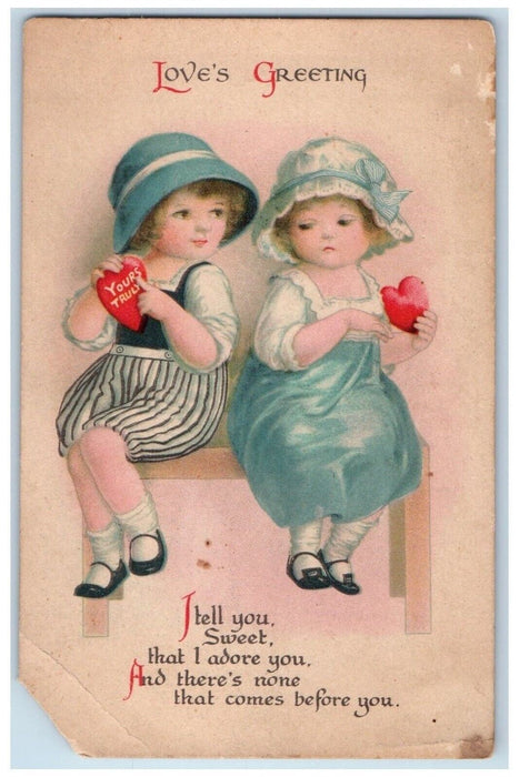 c1910's Valentine Love's Greetings Cute Little Girls Wolf Antique Postcard