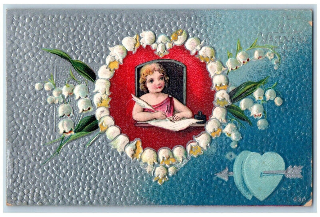 1911 Valentine Girl Writing White Flowers Heart Arrow Embossed Antique Postcard