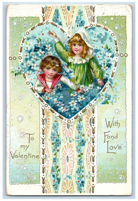 1909 Valentine Girls Heart Pansies Flowers Embossed Tuck's Antique Postcard