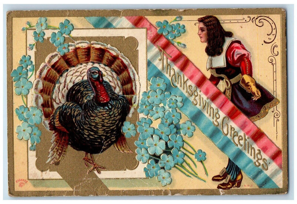 c1910's Thanksgiving Greetings Girl Turkey Pansies Flowers Embossed Postcard
