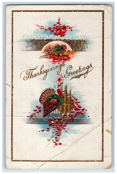 1914 Thanksgiving Greetings Turkey Flowers Gel Gold Gilt Antique Postcard