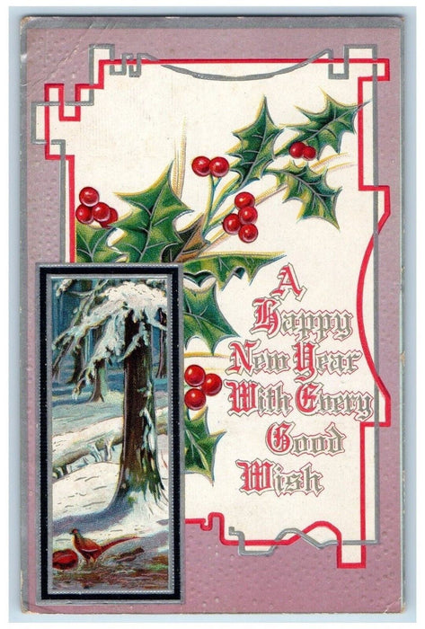 c1910's New Year Holly Berries Trees Bird Winter Embossed Antique Postcard