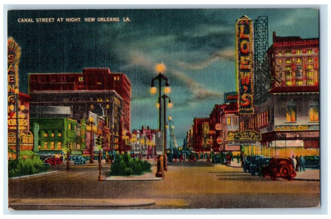 c1930's Canal Street At Night Loew's Cars New Orleans Louisiana LA Postcard