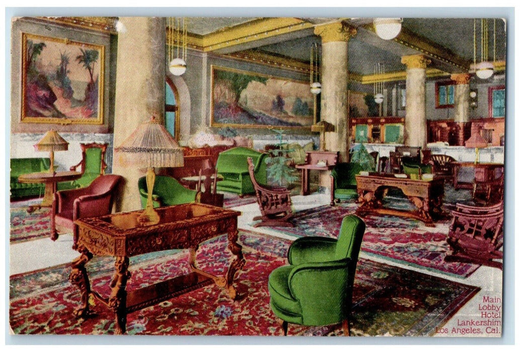 c1910 Main Lobby Hotel Interior Chair Lankershim Los Angeles California Postcard