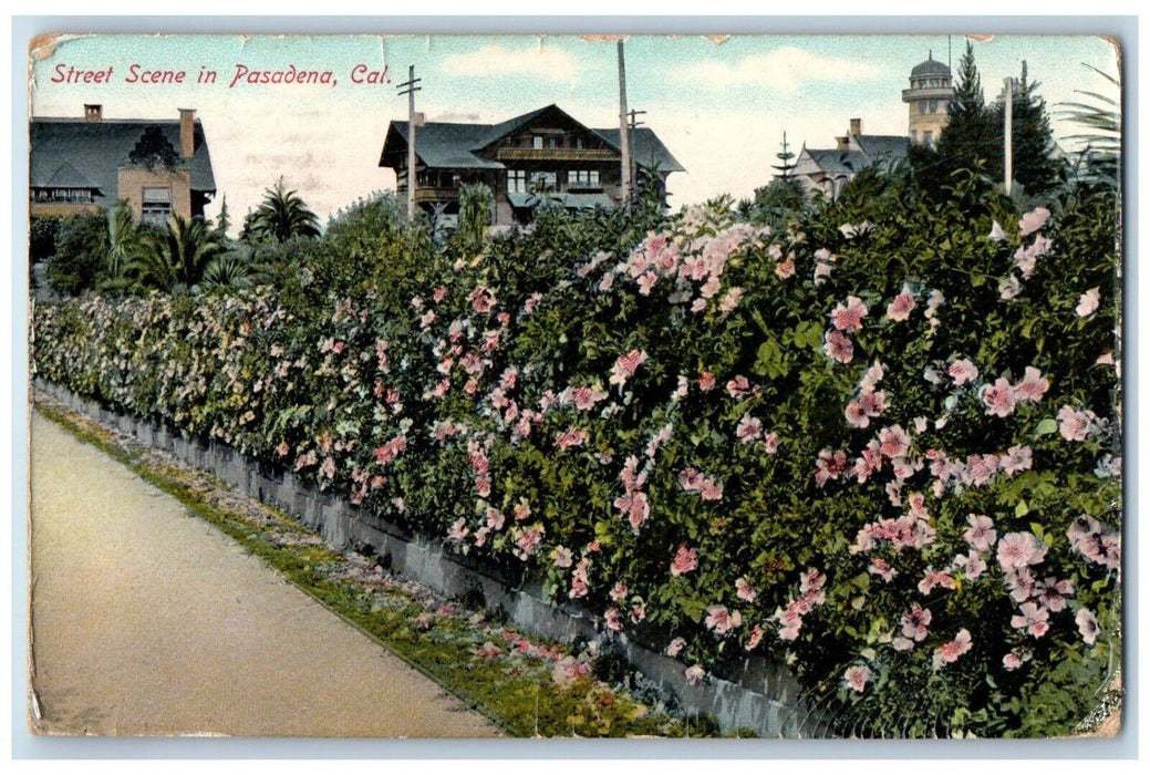 1911 Street Scene Flower Garden Exterior House Pasadena California CA Postcard