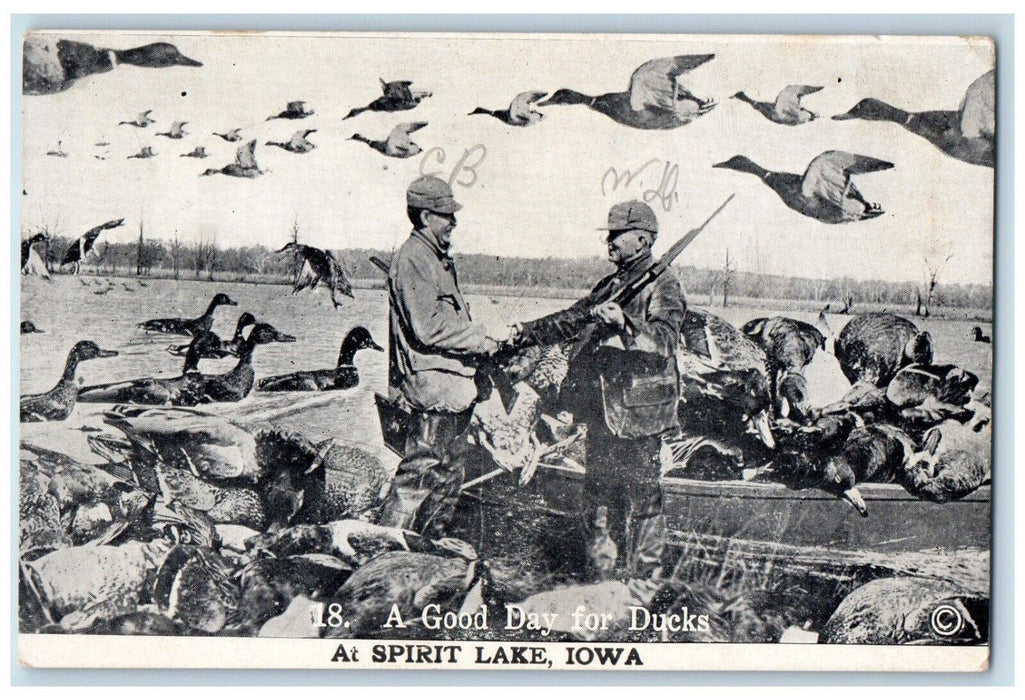 c1910's A Good Day For Ducks At Spirit Lake Iowa IA, Hunting Rifle Postcard