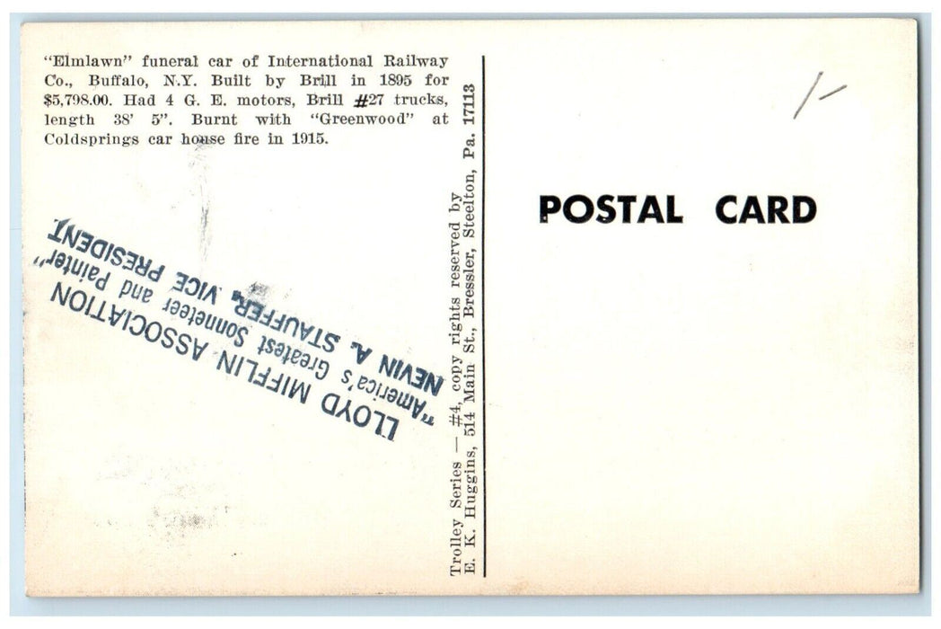 Elmlawn Funeral Car International Railway Co. Buffalo New York NY Postcard