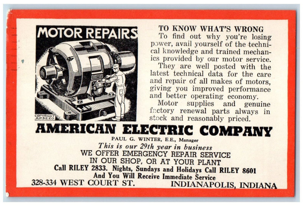 1941 American Electric Company Indianapolis Motor Repair IN Advertising Postcard