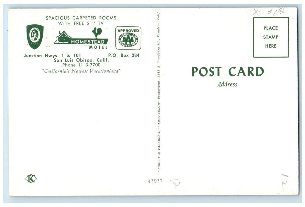 c1950's Homestead Motel Cars Flowers San Luis Obispo California CA Postcard