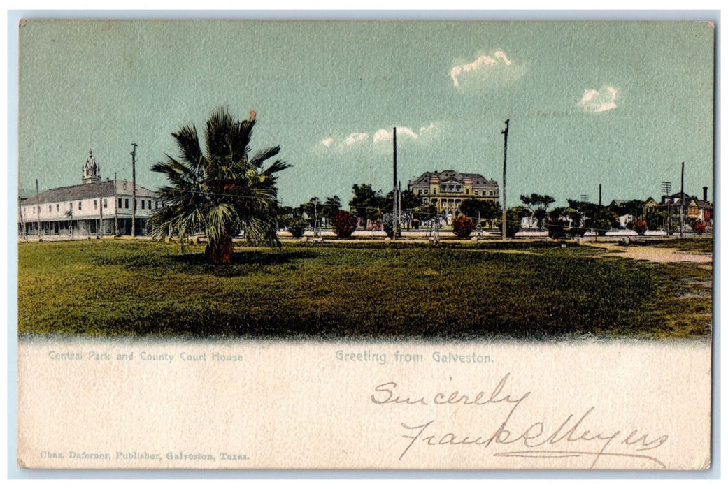 c1905 Greetings From Galveston Central Park And County Court House  TX Postcard