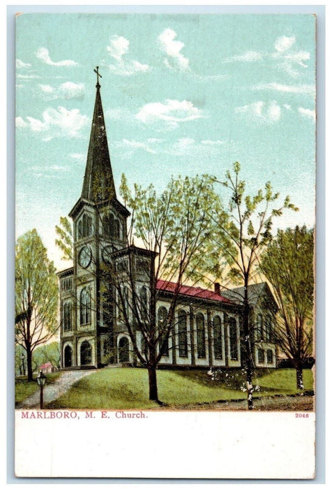 c1905 Marlboro NY, Methodist Episcopal ME Church Clock Tower Antique Postcard