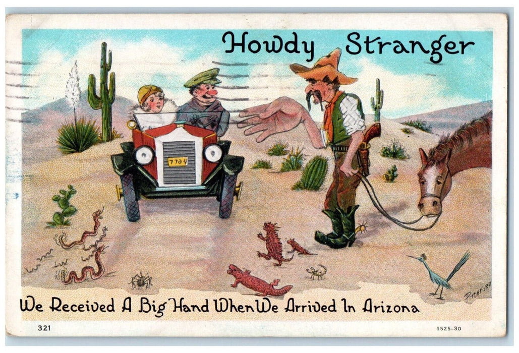 1930 Howdy Stranger Exaggerated Big Hand  Arizona Humor El Centro CA Postcard