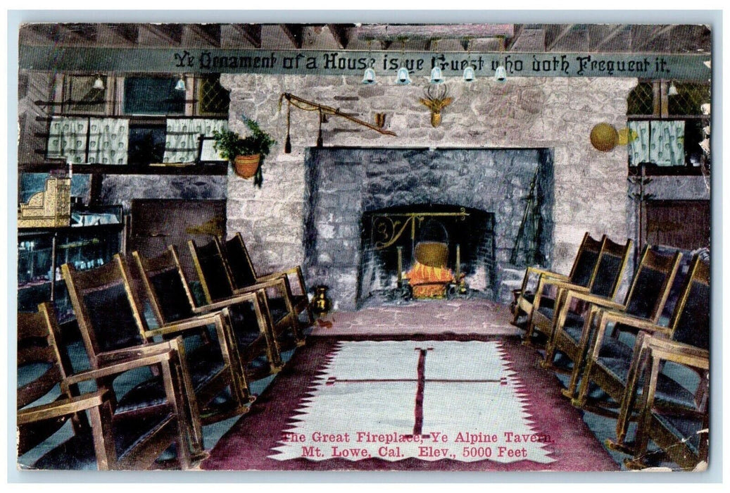 c1910's The Great Fireplace Ye Alpine Tavern Mt. Lowe California CA Postcard