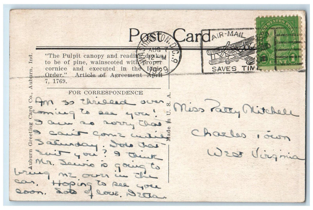 1929 View Of Pohick Church Interior Scene Alexandria VA Washington DC Postcard