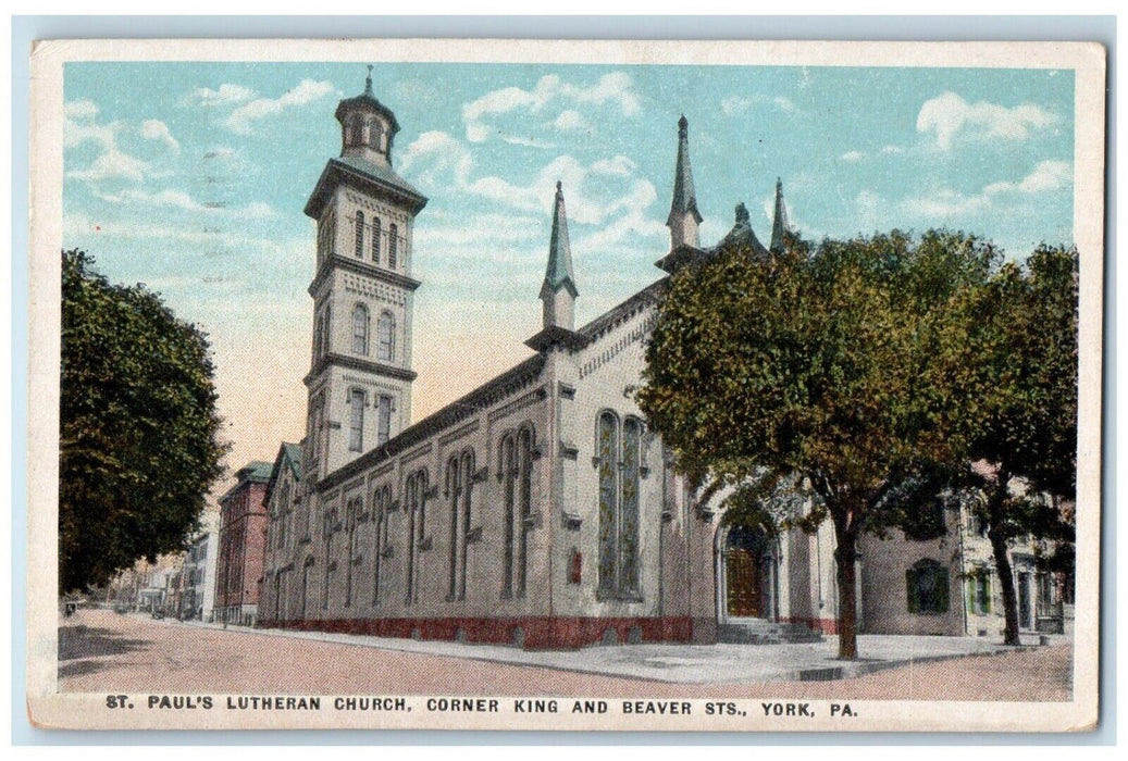 1920 St. Paul's Lutheran Church Corner King And Beaver Sts. York PA Postcard