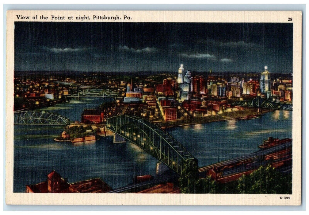 c1930's View Of The Point At Night Bridge Pittsburg Pennsylvania PA Postcard