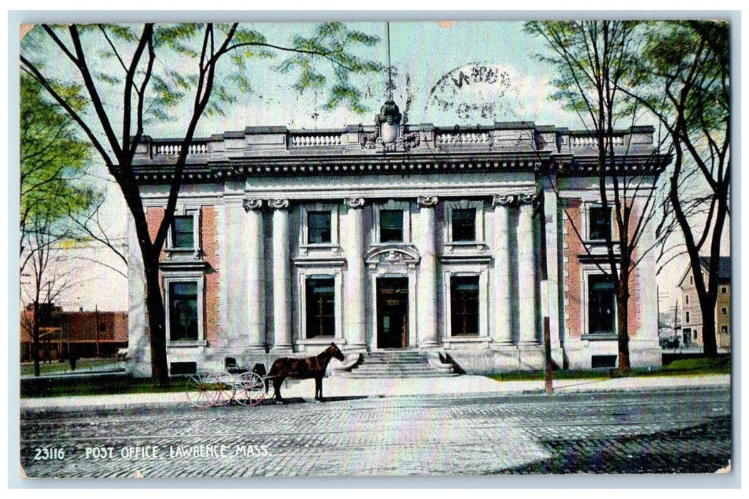 1908 Post Office Building Horse Wagon Lawrence Massachusetts MA Antique Postcard