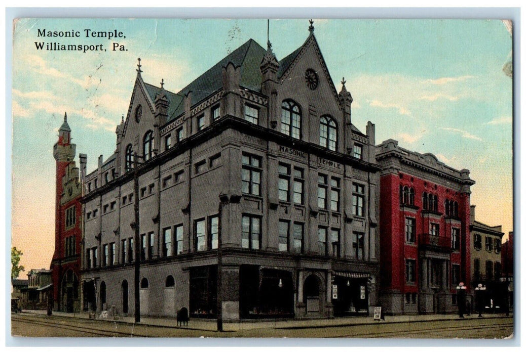1914 Masonic Temple Building Street View Williamsport Pennsylvania PA Postcard